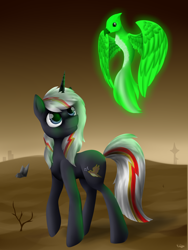Size: 1500x2000 | Tagged: safe, artist:keisaa, oc, oc only, oc:pyrelight, oc:velvet remedy, species:balefire phoenix, species:bird, species:phoenix, species:pony, species:unicorn, fallout equestria, cutie mark, duo, fanfic, fanfic art, female, hooves, horn, looking back, mare, rock, ruins, smiling, solo, wasteland
