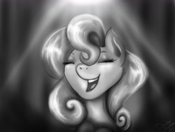 Size: 1280x970 | Tagged: safe, artist:zomixnu, species:earth pony, species:pony, bust, eyes closed, female, gray, grayscale, mare, monochrome, open mouth, shine, singing, solo
