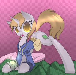Size: 1592x1574 | Tagged: safe, artist:prozenconns, oc, oc only, oc:littlepip, species:pony, species:unicorn, fallout equestria, clothing, fanfic, fanfic art, female, mare, pipbuck, solo, vault suit