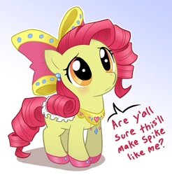 Size: 573x583 | Tagged: safe, artist:pimmy, character:apple bloom, species:earth pony, species:pony, ship:spikebloom, adorabloom, alternate hairstyle, blushing, bow, clothing, curly hair, cute, dialogue, dress, earring, fanfic, female, filly, frown, gradient background, hair bow, implied spike, jewelry, regalia, saddle, shipping, shoes, solo, straight, worried, y'all