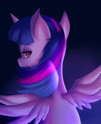 Size: 1280x1564 | Tagged: safe, artist:suziouwabami, character:twilight sparkle, character:twilight sparkle (alicorn), species:alicorn, species:pony, ambience, back, dark, female, looking at you, mare, omnious, purple, solo, wings