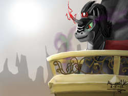 Size: 1152x864 | Tagged: safe, artist:turbopower1000, character:king sombra, species:pony, species:unicorn, episode:the crystal empire, g4, my little pony: friendship is magic, balcony, colored horn, curved horn, horn, male, solo, sombra eyes, stallion