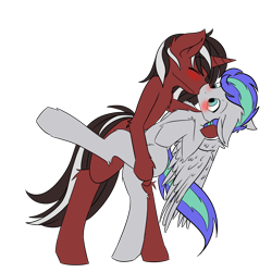 Size: 960x960 | Tagged: safe, artist:frowfrow, derpibooru original, oc, oc only, oc:phantom, oc:storm feather, species:pegasus, species:pony, species:unicorn, g4, bipedal, blushing, dancing, gay, holding a pony, kissing, male, pegasus oc, simple background, stallion, transparent background, unicorn oc, wings