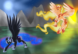 Size: 4000x2800 | Tagged: safe, artist:meownimator, character:daybreaker, character:nightmare moon, character:princess celestia, character:princess luna, species:alicorn, species:pony, episode:a royal problem, g4, my little pony: friendship is magic, absurd resolution, armor, fight, mane of fire