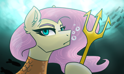Size: 4000x2400 | Tagged: safe, artist:meownimator, character:fluttershy, species:pony, absurd resolution, aquaman, crossover, dc comics, female, solo, superhero, trident