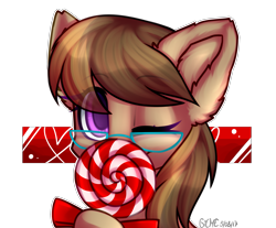 Size: 2415x2000 | Tagged: safe, artist:gicme, oc, oc only, oc:dawnsong, species:earth pony, species:pony, bust, candy, colored pupils, cute, ear fluff, female, filly, food, glasses, lollipop, one eye closed, portrait, simple background, solo, transparent background, wink, ych result