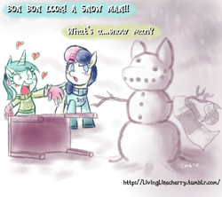 Size: 816x726 | Tagged: safe, artist:crabmeatstick, character:bon bon, character:lyra heartstrings, character:sweetie drops, clothing, gloves, heart, humie, scarf, snow, snowman, sweater