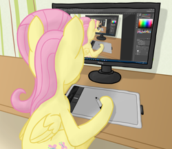 Size: 2860x2480 | Tagged: safe, artist:fluttershy_z, character:fluttershy, species:pony, newbie artist training grounds, atg 2017, drawing, drawing tablet, droste effect, female, folded wings, graphics tablet, looking at something, monitor, recursion, sitting, solo, table, tablet pen