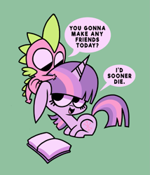 Size: 785x917 | Tagged: safe, artist:circustent, character:spike, character:twilight sparkle, species:dragon, species:pony, species:unicorn, book, chibi, cute, dialogue, duo, floppy ears, green background, hug, make some friends, open mouth, prone, simple background, smiling, speech bubble