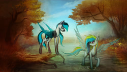 Size: 5294x3000 | Tagged: safe, artist:vitaj, oc, oc only, oc:lightning dancer, oc:midnight river, species:pegasus, species:pony, female, looking at each other, mare, outdoors, river, smiling, tree