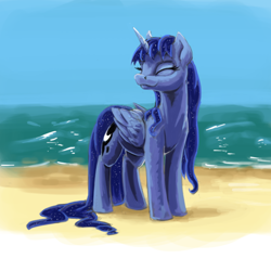 Size: 640x640 | Tagged: safe, artist:da-exile, character:princess luna, species:alicorn, species:pony, beach, cute, eyes closed, female, mare, missing accessory, ocean, smiling, solo, water, wet, wet mane