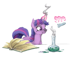 Size: 1100x875 | Tagged: safe, artist:da-exile, character:twilight sparkle, species:pony, newbie artist training grounds, atg 2017, beaker, book, chemistry, female, horn on fire, mare, science, simple background, solo
