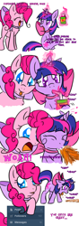 Size: 700x2000 | Tagged: safe, artist:justagirlonline, character:pinkie pie, character:twilight sparkle, species:pony, ask cute twinkie pie, ship:twinkie, ask, female, lesbian, neck bow, shipping, spit take, tumblr