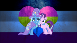 Size: 3000x1685 | Tagged: safe, artist:stjonal, artist:zero4byss, edit, character:starlight glimmer, character:trixie, ship:startrix, asexual, asexual pride flag, cape, clothing, female, flag, hat, heart, lesbian, lidded eyes, pansexual pride flag, pride, pride flag, shipping, side hug, trixie's cape, trixie's hat, vector, wallpaper, wallpaper edit