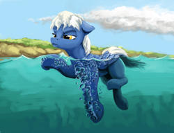 Size: 1138x876 | Tagged: safe, artist:da-exile, oc, oc only, species:pegasus, species:pony, bubble, cute, female, floppy ears, frown, glare, lidded eyes, mare, river, solo, swimming, unamused, underhoof, water, wet, wet mane