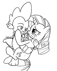 Size: 652x808 | Tagged: safe, artist:php63, character:rarity, character:spike, species:dragon, species:pony, species:unicorn, ship:sparity, blushing, eye contact, female, hug, looking at each other, male, mare, monochrome, shipping, straight