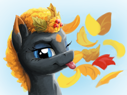 Size: 1150x860 | Tagged: safe, artist:da-exile, oc, oc only, species:pony, newbie artist training grounds, atg 2017, autumn, female, looking at you, mare, one eye closed, smiling, solo, tongue out, wink