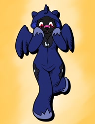 Size: 989x1280 | Tagged: safe, artist:immelmann, character:princess luna, oc, oc:vira, species:anthro, species:dragon, species:wolf, blushing, chibi, clothing, commission, cosplay, costume, cute, furry, hood, hybrid, kigurumi, non-pony oc, simple background, wings