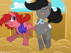 Size: 1600x1200 | Tagged: safe, artist:celestialess, oc, oc only, oc:livestrong, oc:slash fan, species:pony, amputee, bouncy castle, duo, jewelry, necklace, old art, old design