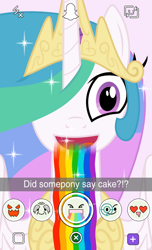 Size: 438x720 | Tagged: safe, artist:vinylbecks, character:princess celestia, species:alicorn, species:pony, female, mare, puking rainbows, rainbow, snapchat, snapchat filter, solo, vomiting