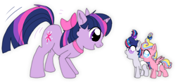 Size: 1110x516 | Tagged: safe, artist:justagirlonline, character:twilight sparkle, oc, oc:ariana dawn, oc:twilight song, parent:princess cadance, parent:shining armor, parents:shiningcadance, species:pegasus, species:pony, species:unicorn, ask cute twinkie pie, baby, baby pony, best aunt ever, diaper, female, filly, neck bow, offspring