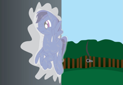 Size: 921x638 | Tagged: safe, artist:billy2345, oc, oc only, oc:lapis vector, oc:pierce (billy2345), species:pegasus, species:pony, cropped, glue, gun barrel, offscreen character, smoke, solo, story included, struggling, stuck, tank (vehicle)