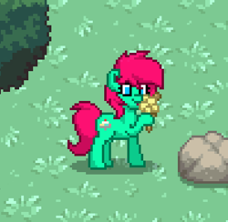 Size: 794x774 | Tagged: safe, artist:mystic blare, edit, editor:bitter pill, oc, oc only, oc:minty split, species:earth pony, species:pony, pony town, cute, female, food, grass, ice cream, mare, mlem, rock, tongue out, tree