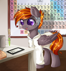Size: 1024x1109 | Tagged: safe, artist:mitralexa, oc, oc only, species:pegasus, species:pony, clipboard, clothing, female, indoors, lab coat, mare, periodic table, smiling, solo, test tube