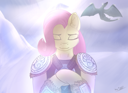 Size: 3000x2200 | Tagged: safe, artist:ray-frost, character:fluttershy, species:dragon, species:pegasus, species:pony, armor, crossover, dovahkiin, dovahshy, skyrim, solo focus, the elder scrolls