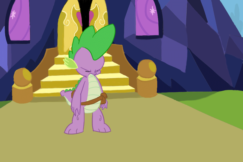 Size: 850x567 | Tagged: safe, artist:php63, character:spike, species:dragon, angry, animated, belt, gif, male, outdoors, solo, standing, twilight's castle, utility belt