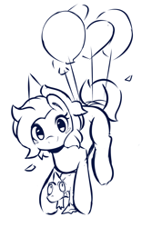 Size: 1080x1620 | Tagged: safe, artist:pinkcappachino, character:gummy, character:pinkie pie, species:earth pony, species:pony, balloon, blush sticker, blushing, clothing, female, floating, hat, mare, monochrome, party hat, simple background, smiling, then watch her balloons lift her up to the sky, white background