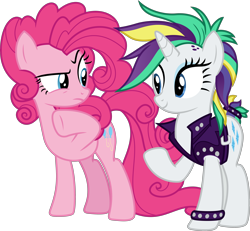Size: 4424x4096 | Tagged: safe, artist:tralomine, character:pinkie pie, character:rarity, species:earth pony, species:pony, species:unicorn, episode:it isn't the mane thing about you, g4, my little pony: friendship is magic, .svg available, absurd resolution, alternate hairstyle, female, looking at you, mare, poofy pie, punk, punkity, simple background, smiling, transparent background, vector