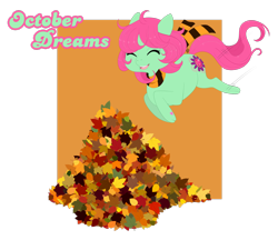 Size: 1600x1382 | Tagged: safe, artist:reachfarhigh, g3, clothing, female, g3betes, jumping in leaves, leaf pile, october dreams, scarf, solo, text