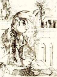 Size: 1024x1368 | Tagged: safe, artist:lordgood, character:rainbow dash, species:pegasus, species:pony, background pony, carthage, city, clothing, looking up, monochrome, palm tree, raised hoof, solo focus, toga, traditional art, tree, wings