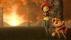 Size: 1920x1080 | Tagged: safe, artist:jarg1994, character:sunset shimmer, species:pony, species:unicorn, my little pony:equestria girls, 3d, autumn, clothing, crossed arms, female, human ponidox, jacket, leaning, looking at each other, mare, ponidox, raised hoof, scenery, self ponidox, shirt, source filmmaker, sunset, sunset shimmer day, tree