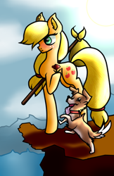 Size: 440x680 | Tagged: safe, artist:the-75th-hunger-game, character:applejack, character:winona, species:dog, species:earth pony, species:pony, bindle, blushing, ear fluff, female, flower, freckles, hatless, missing accessory, ocean, poppy, rock, solo, tarot, tarot card, the fool