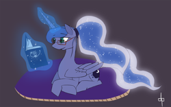 Size: 1000x622 | Tagged: safe, artist:dream-phoenix, character:princess luna, alternate hairstyle, book, female, glasses, ponytail, prone, reading, solo