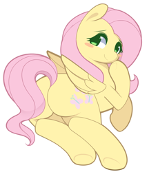 Size: 900x982 | Tagged: safe, artist:pinkcappachino, character:fluttershy, species:pegasus, species:pony, blush sticker, blushing, cute, female, flutterbutt, hoof on chin, looking back, mare, plot, shyabetes, simple background, smiling, solo, squishy, white background