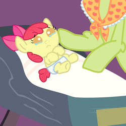 Size: 1000x1000 | Tagged: safe, artist:jolteongirl, character:apple bloom, character:granny smith, species:earth pony, species:pony, baby, baby apple bloom, baby pony, crib, crying, duo, female, foal, grandmother, grandmother and grandchild, solo focus