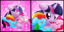 Size: 1000x500 | Tagged: safe, artist:justagirlonline, character:pinkie pie, character:rainbow dash, character:twilight sparkle, species:pony, ship:pinkiedash, ship:twidash, ship:twinkie, female, lesbian, ot3, polyamory, prone, shipping, sleeping, twidashpie, twilight sparkle gets all the mares