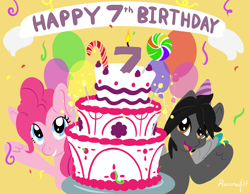 Size: 5169x4016 | Tagged: safe, artist:humble-ravenwolf, artist:ravenhoof, character:pinkie pie, oc, oc:ravenhoof, species:pegasus, species:pony, absurd resolution, balloon, birthday cake, cake, food, happy birthday mlp:fim, mlp fim's seventh anniversary, sparkler (candle)