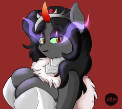 Size: 2300x2055 | Tagged: safe, artist:solratic, character:king sombra, species:anthro, inktober, armor, big breasts, breasts, busty queen umbra, cleavage, evil, eyeshadow, female, horn, looking at you, makeup, queen, queen umbra, red background, red eyes, rule 63, simple background, slit eyes, solo, sombra eyes