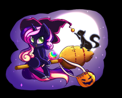 Size: 898x722 | Tagged: safe, artist:miniaru, oc, oc only, species:pony, species:unicorn, apple, broom, candy apple (food), cat, clothing, female, flying, flying broomstick, food, full moon, halloween, hat, holiday, mare, moon, pumpkin bucket, stars, witch hat
