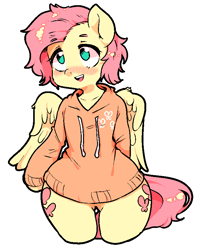 Size: 651x815 | Tagged: safe, artist:kkotnim, character:fluttershy, blushing, both cutie marks, butterscotch, clothing, femboy, hoodie, male, rule 63, simple background, solo, white background