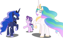 Size: 6724x4096 | Tagged: safe, artist:tralomine, edit, editor:slayerbvc, character:princess celestia, character:princess luna, character:starlight glimmer, episode:a royal problem, g4, my little pony: friendship is magic, absurd resolution, grin, missing cutie mark, nervous, nervous grin, plot, simple background, smiling, transparent background, vector