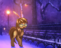 Size: 1920x1503 | Tagged: safe, artist:autello, oc, oc only, oc:dawnsong, species:earth pony, species:pony, female, glasses, mare, night, snow, solo, streetlight, subsurface scattering, ych result