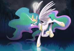 Size: 3194x2216 | Tagged: safe, artist:adailey, character:princess celestia, species:alicorn, species:pony, eyes closed, female, flying, mare, moon, night, pond, reflection, solo, water