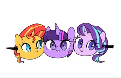 Size: 768x499 | Tagged: safe, artist:kagitsuki, character:starlight glimmer, character:sunset shimmer, character:twilight sparkle, species:pony, species:unicorn, dango, disembodied head, food, sunset shimmer dressing up as food, trio