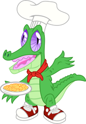 Size: 3143x4500 | Tagged: safe, artist:namelesshero2222, character:gummy, chef's hat, clothing, converse, food, hat, high res, male, not salmon, pasta, shoes, simple background, sneakers, solo, spaghetti, transparent background, vector, wat