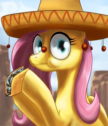 Size: 3000x3508 | Tagged: safe, artist:rautakoura, character:fluttershy, clothing, eating, female, food, frown, hat, hoof hold, krystal can't enjoy her sandwich, looking at you, puffy cheeks, solo, sombrero, surprised, taco, wide eyes